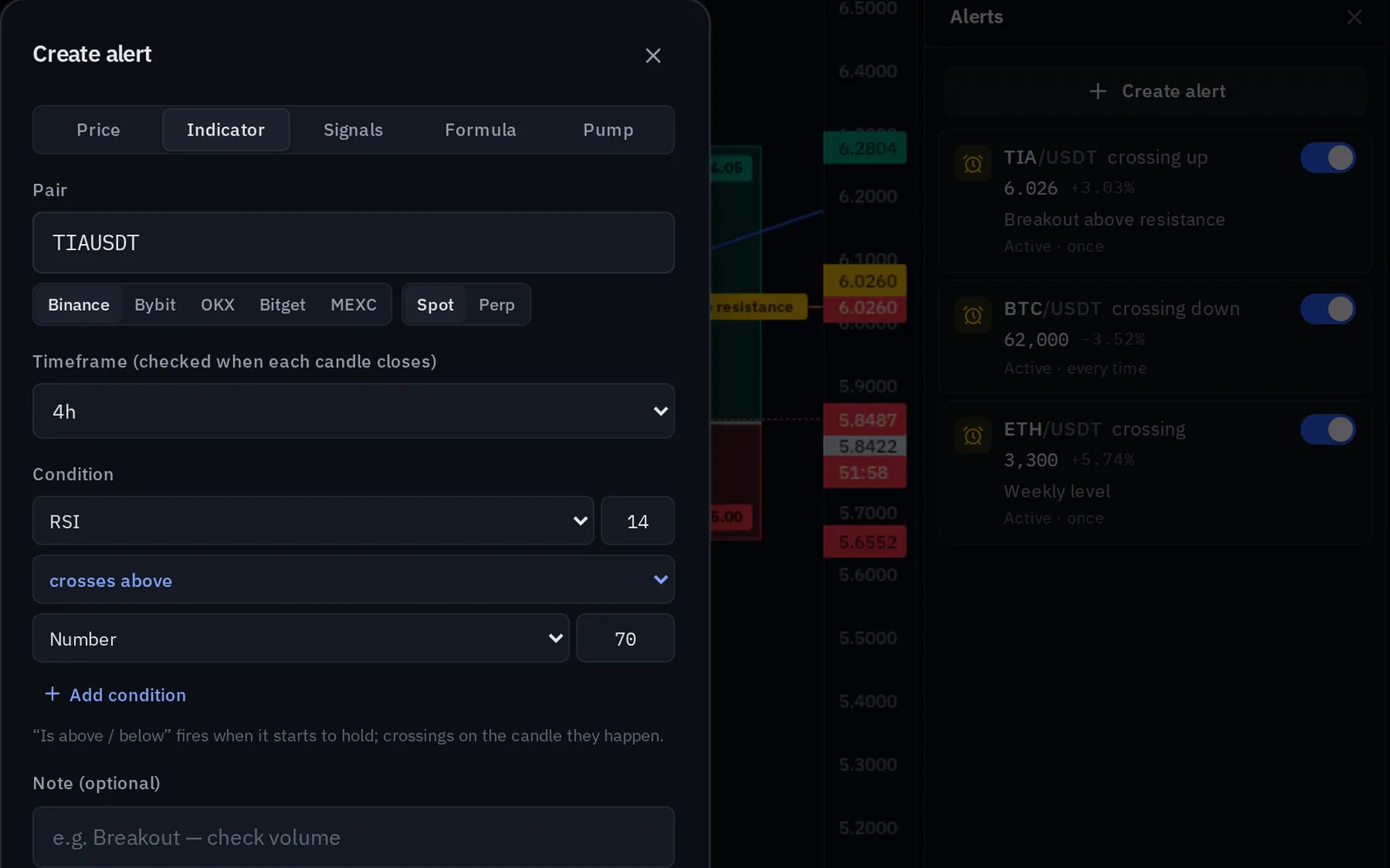 An indicator alert being made, the list of alerts beside it